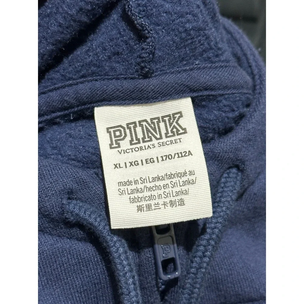 Pink Victoria's Secret Navy Blue Zip Up Hoodie Laurel Wreath Logo XL - Has Flaw - Picture 3 of 7